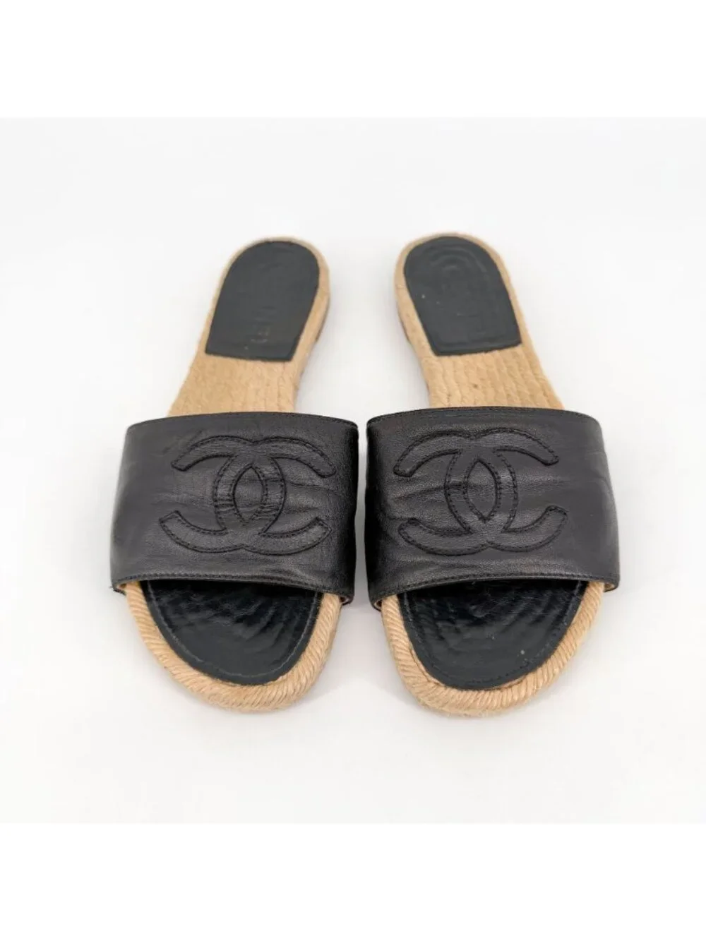Chanel CC Flat Espadrille Mule Slide Sandals Black Leather Size 38 US 7-7.5 - Picture 3 of 15
